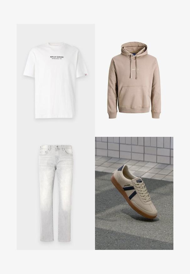 Beige hoodie van zacht materiaal, met een voorzak, ribgebreide boorden en een geborduurd logo op de borst.; Witte katoenen T-shirt met korte mouwen, voorzien van een zwart bedrukt logo met de tekst "REPLAY GARAGE ESTABLISHED 1981" aan de voorkant.; Lichtgrijze denim jeans met een recht model, subtiele vervaging, achterzakken en een enkele achterzak. Klassieke knoop- en ritssluiting.; Beige sneaker met een textuurafwerking, marineblauwe strepen en een rubberen zool. Heeft een gevoerde tong en een traditioneel vetersysteem voor een veilige pasvorm.