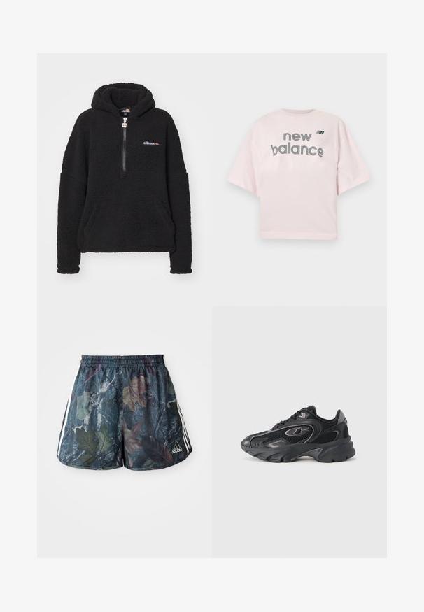 Sort fleece hoodie med kvart lynlås, kengurulomme og kontrasterende logo. Blød tekstur og oversized design for varme og komfort.; Lyserød kortærmet t-shirt med teksten "new balance" og lille sort "NB"-logo centreret på brystet.; Herre shorts med et flerfarvet bladmønster på en mørk baggrund, med elastisk talje og sidelister i hvid.; Sorte sportssko med mesh-paneler, polstret krave og textureret sål. Indeholder logo og kontrasterende detaljer på siden.