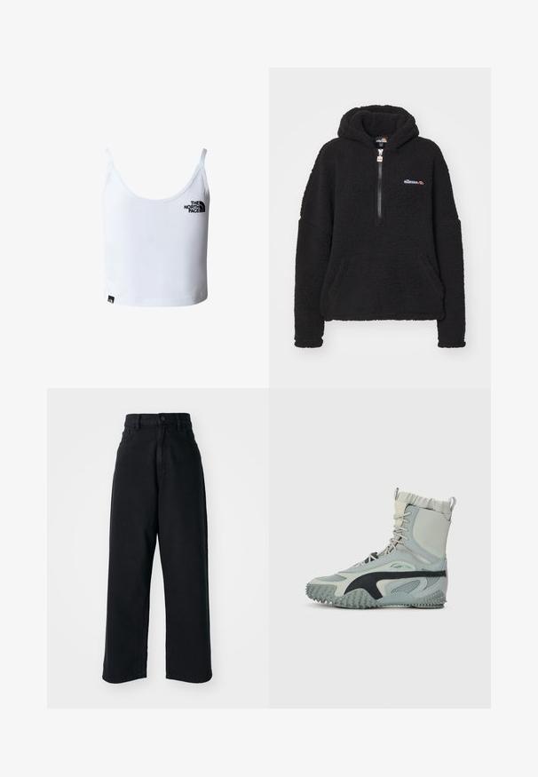 Zwarte fleece hoodie met een kwart rits, kangoeroezak en contrasterend logo. Zachte textuur en oversized ontwerp voor warmte en comfort.; Witte cropped tanktop met dunne bandjes, met het zwarte The North Face-logo op de borst en vlak bij de onderzoom.; Zwarte high-waisted wide-leg jeans met voorzakken en knoopsluiting, weergegeven tegen een witte achtergrond.; Athletische hoge schoen in lichtgrijs met donkergrijze accenten. Gestructureerde bovenkant, gevoerde kraag en rubberen buitenzool met gripnopjes.