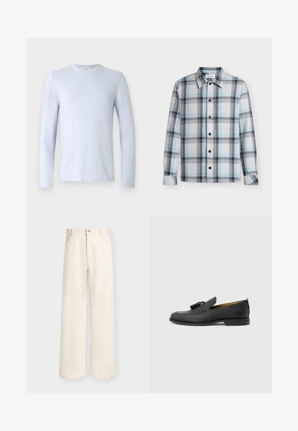T-shirt à manches longues bleu clair en tissu lisse, avec un col rond et des coutures minimales, présentant un design simple sans motifs ni accents.; Chemise à manches longues boutonnée avec motif à carreaux bleu clair, blanc et noir et col pointu.; Pantalon large couleur blanc cassé avec bouton et fermeture éclair à l'avant, passants pour ceinture et deux poches avant, présenté sur un fond uni.; Mocassin pour homme en cuir noir avec pompons, bout arrondi, petit talon et languette à l'arrière, présenté de profil sur un fond gris clair.
