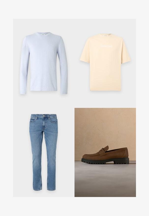 Lyseblå langærmet t-shirt lavet af glat stof med rund hals og minimale syninger, med et simpelt design uden mønstre eller detaljer.; Beige kortærmet T-shirt i bomuld med hvid teksten "Selected" centreret på brystet mod en ensfarvet baggrund.; Blå lige ben denim jeans med for lommer, bæltesløjfer og knaplukning.; Mørkebrune læderloafer med tyk sort gummisål vist over en beige tæppe- og sofa baggrund.