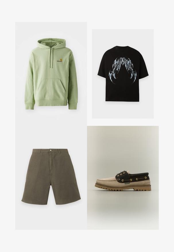 Pull en hoodie vert clair en tissu doux, avec une poche kangourou, un capuchon à cordon de serrage et un petit logo brodé sur la poitrine.; T-shirt noir à manches courtes avec un motif abstrait en forme d’aile argentée métallique centré sur la poitrine.; Shorts longueur genou vert olive avec passants de ceinture, bouton frontal et fermeture éclair, en tissu robuste.; Chaussure bateau à lacets beige et marron foncé avec une tige texturée, des œillets dorés et une semelle en caoutchouc robuste dotée de profondes rainures.