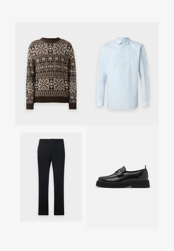 Pull marron avec un motif géométrique crème, col rond et manches longues. Fabriqué à partir d'un matériau en tricot doux avec des poignets côtelés.; Chemise à manches longues bleu clair en tissu lisse, avec un devant à boutons, un col standard et des poignets à boutons.; Pantalons en coton noirs à coupe droite, avec une fermeture à bouton et zip, cinq poches et des détails de coutures subtils.; Chaussures en cuir noir de style mocassin avec une semelle plate et texturée, présentant un bout piqué et une sangle traversant le cou-de-pied.
