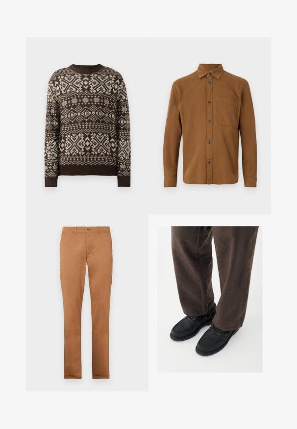 Pull marron avec un motif géométrique crème, col rond et manches longues. Fabriqué à partir d'un matériau en tricot doux avec des poignets côtelés.; Chemise marron à manches longues en tissu texturé, avec une fermeture à boutons, une poche poitrine unique et des boutons foncés.; Chinos en coton marron avec une coupe slim, dotés d'une fermeture à bouton, de poches latérales et d'une texture lisse.; Chaussures en cuir noir avec une finition lisse, bout arrondi et design à lacets, associées à un pantalon marron texturé. Vue en contre-plongée.