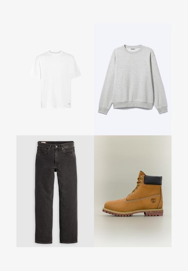 Sudadera de color gris claro, de manga larga y cuello redondo, con puños y bajo acanalados, mostrada plana sobre un fondo blanco.; Camiseta de algodón blanca con escote redondo, mangas cortas y dobladillo recto. Presenta un pequeño detalle de logo en la esquina inferior.; Jeans de mezclilla negra con un diseño de pierna recta, cinco bolsillos y herrajes metálicos. La tela tiene una ligera textura y un acabado de color sólido.; Bota de tobillo de cuero marrón con cuello negro, cordones amarillos y suela beige. Presenta un logotipo y detalles de costura blanca. Suela exterior con tracción robusta.