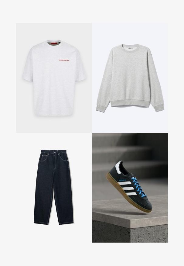 Sweat-shirt gris clair à manches longues et col rond, avec poignets et ourlet côtelés, présenté à plat sur fond blanc.; T-shirt blanc uni à col rond avec manches courtes et petit texte rouge « PROHIBITED » sur la partie supérieure gauche de la poitrine.; Jean droit indigo foncé avec une couture contrastante blanche, conception à cinq poches et fermeture à bouton en métal à la taille.; Baskets Adidas noires avec des rayures blanches, des lacets bleus et une semelle en gomme flottant au-dessus d'une marche en béton grise sous une lumière douce.