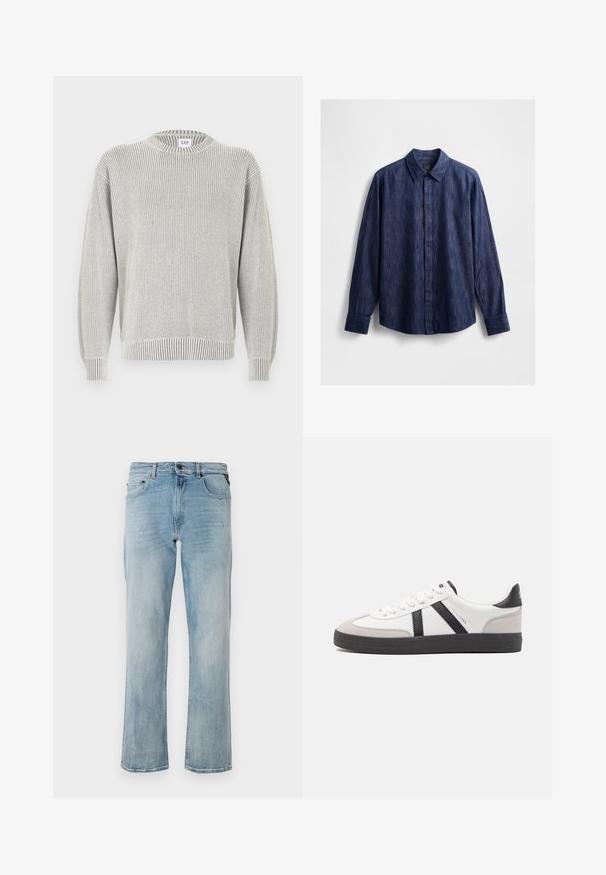 Pull à col rond en maille côtelée gris clair avec manches longues et une étiquette GAP au niveau du col, présenté sur un fond blanc.; Chemise en denim bleu foncé avec un col classique, des manches longues, une fermeture à boutons sur le devant et un tissu légèrement texturé. Pas de motifs visibles.; Jean en denim bleu clair à coupe décontractée, mettant en avant des détails légèrement usés et un design classique à cinq poches.; Baskets blanches avec des accents noirs et gris, présentant un embout texturé gris, une semelle en caoutchouc noir et des lacets plats blancs. Design épuré, style minimaliste.