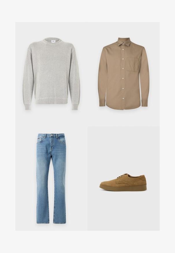 Lichtgrijze geribbelde gebreide trui met ronde hals en lange mouwen, met een GAP-label bij de halslijn, getoond op een witte achtergrond.; Bruine langesleeve shirt met knopen aan de voorkant, spitse kraag, enkele borstzak en een gladde, matte stofstructuur.; Lichtblauwe denim jeans met een straight-leg pasvorm, vijf zakken en een subtiele vervaging. Heeft een klassieke tailleband en een rechte zoom bij de enkels.; Bruine suède veterschoen voor vrijetijdskleding met een platte rubberen zool, zijaanzicht tegen een eenvoudige lichte achtergrond.