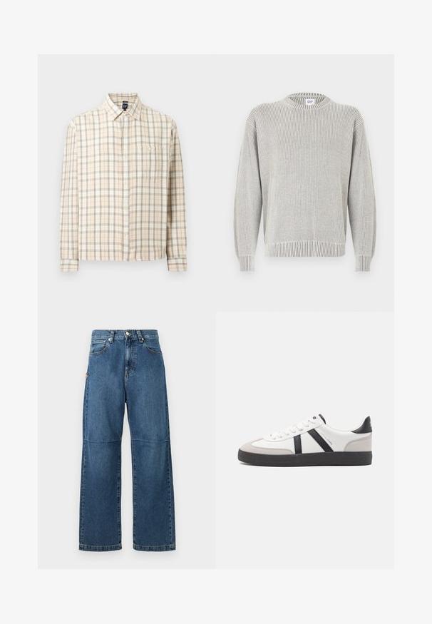 Pull à col rond en maille côtelée gris clair avec manches longues et une étiquette GAP au niveau du col, présenté sur un fond blanc.; Chemise à manches longues en plaid beige avec fermeture à boutons sur le devant, une poche poitrine unique et un col classique, présentée sur un fond uni.; Jeans en denim bleu avec une coupe relaxée, des jambes droites, des coutures visibles et une fermeture à bouton à l'avant. Comprend une poche latérale avec un accent.; Baskets blanches avec des accents noirs et gris, présentant un embout texturé gris, une semelle en caoutchouc noir et des lacets plats blancs. Design épuré, style minimaliste.