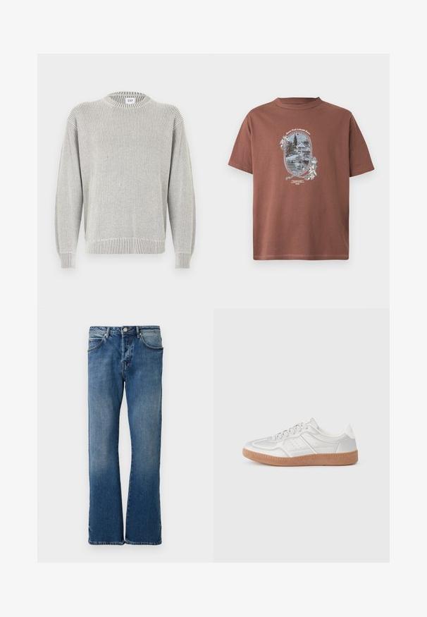 Lichtgrijze geribbelde gebreide trui met ronde hals en lange mouwen, met een GAP-label bij de halslijn, getoond op een witte achtergrond.; Bruin katoenen T-shirt met een vintage grafische print van een resort aan het meer, omlijst door witte bloemaccenten. Korte mouwen en ronde hals.; Lichtblauwe denim jeans met een rechte pijpontwerp, voorzien van vijf zakken, een knoopsluiting en subtiele vervagingen op de stof.; Zilveren sneakers met een gladde textuur, vetersluiting, geperforeerde accenten en een gestructureerde bruine rubberen zool.