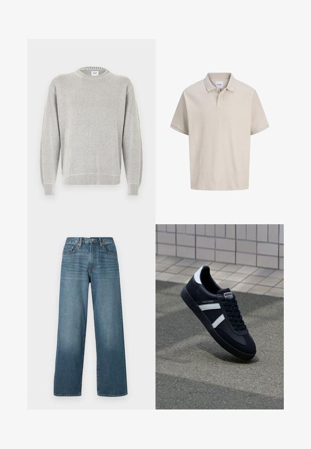 Lysegrå ribstrikket trøje med rund hals og lange ærmer, med GAP-mærke ved halsudskæringen, vist på en hvid baggrund.; Beige kortærmet polo med subtile lodrette striber, en klassisk krave og en to-knaps stolpe.; Bredde ben mørkeblå denim jeans med knaplukning, bæltestropper og en falmet struktur. Har fem lommer og kontrastsyninger.; Sort lædersneaker med hvide striber, tekstureret gummisål og snørrebånd foran. Har et brandet mærke på tungen.