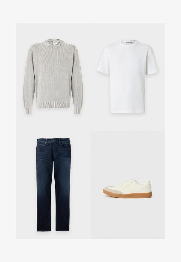 Hellgrauer, gerippter Strickpullover mit Rundhalsausschnitt und langen Ärmeln, mit einem GAP-Label am Kragen, auf weißem Hintergrund dargestellt.; Weißes, kurzärmeliges T-Shirt mit Waffelstrick und Rundhalsausschnitt, mit kleinem Markenetikett im Kragen, auf einfarbigem Hintergrund präsentiert.; Dunkelblaue Jeans aus Denim mit geradem Bein, fünf Taschenstil und sichtbarem Knopfverschluss an der Taille. Glatte Textur.; Sneaker aus weißem Leder mit einer beigen Zehenkappe und leichter brauner Gummisohle. Verfügt über flache weiße Schnürsenkel und geprägtes Branding an der Seite.