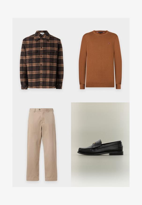 Pull en maille marron avec un col rond et des manches longues. Petit logo sur la poitrine. Texture douce et poignets côtelés.; Chemise en flanelle à carreaux marron et noir avec un devant à boutons, deux poches poitrine et un col. Texture douce et coupe décontractée.; Pantalons chino beige en coton léger, avec fermeture éclair et bouton, et coupe droite avec poches avant.; Mocassin noir en cuir à enfiler avec petit talon, boucle dorée et nom de marque embossé sur le côté sur fond neutre.