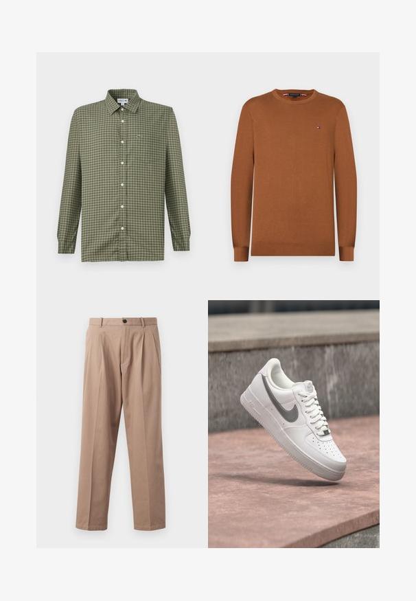 Bruine gebreide trui met een ronde halslijn en lange mouwen. Kleine logo-accent op de borst. Zachte textuur en geribbelde manchetten.; Groene geruite overhemdd met een kraag, lange mouwen en een klein Lacoste-logo op de linkerborst. Gemaakt van lichtgewicht stof.; Beige broek van katoen, met een rechte pijp, voorplooien, een knoopsluiting en zijzakken. Soepele textuur.; Witte Nike Air Force 1 sneaker met grijs swoosh-logo zwevend boven een stenen oppervlak en een grijze stenen muur op de achtergrond.