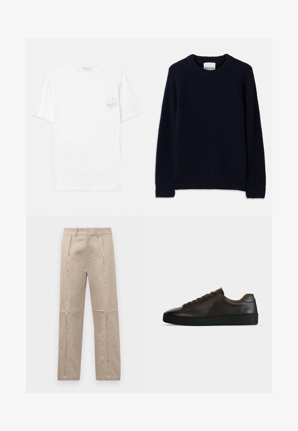 Pull en maille côtelée bleu marine avec un col rond et des manches longues. Il présente un ourlet droit et un motif texturé sur l'ensemble.; T-shirt en coton blanc à manches courtes, avec un petit imprimé graphique multicolore sur le côté gauche de la poitrine représentant des vagues et le texte "Sorti du plastique".; Pantalons beiges à coupe droite, avec des rayures latérales en sequins or rose et de subtils détails cousus sur les jambes.; Baskets basses en cuir marron foncé avec semelle en caoutchouc noire, lacets à l'avant et design minimaliste épuré sur fond clair.