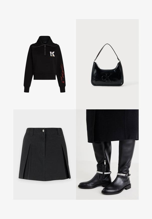 Sweatshirt noir court avec un col montant, fermeture éclair argentée et texte en cursif rouge sur la manche. Présente un logo de dessin animé sur le devant.; Jupe en denim noir avec plis, dotée d'une fermeture à bouton à l'avant, de passants de ceinture et de poches latérales. Texture lisse et design élégant.; Bottes noires en cuir jusqu'au genou avec une fermeture éclair sur le côté, dotées d'une sangle accentuée en argent autour de la cheville et d'un petit talon.; Sac à main en cuir verni noir avec une anse incurvée, fermeture éclair et logo "cK" embossé sur le devant. Texture lisse, forme structurée.