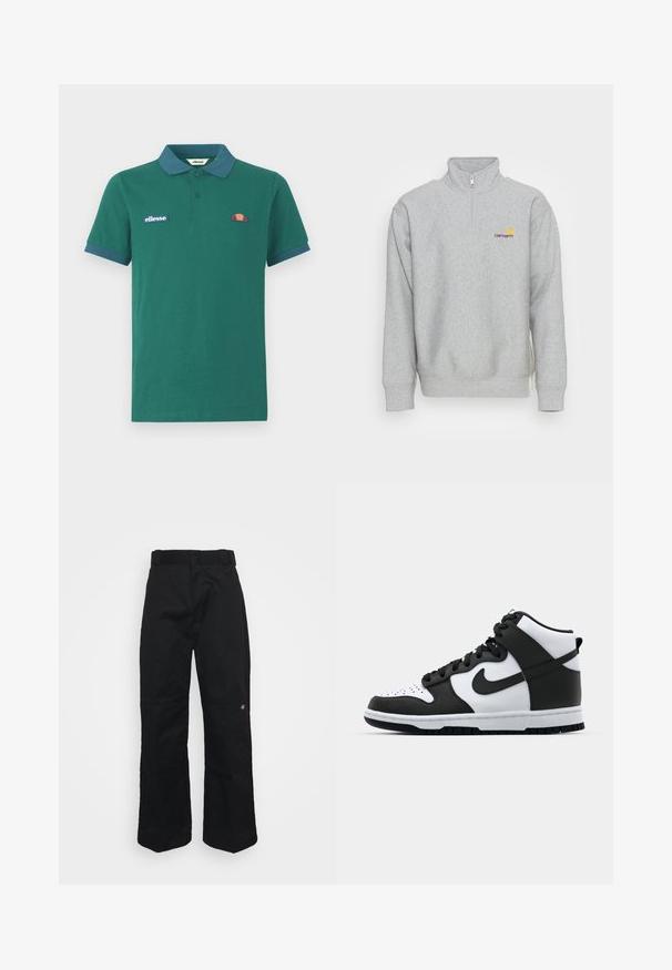 Carhartt WIP HALF ZIP AMERICAN SCRIPT - Pusa - grey heather; Roheline polo särk, mis on valmistatud puuvillast, kontrastse sinise krae ja mansettidega. Omab broderitud logosid ja väikest värvilist kujundust rinnal.; Mustad püksid tugevast kangast, sirge lõikega, vööaasade ja väikese logoga alumises servas.; Mustvalge kõrge äärega tenniseking, millele on lisatud nahk üleosa, performeeritud varbakast, silmapaistev swoosh-logo ja tekstureeritud kummist tald.
