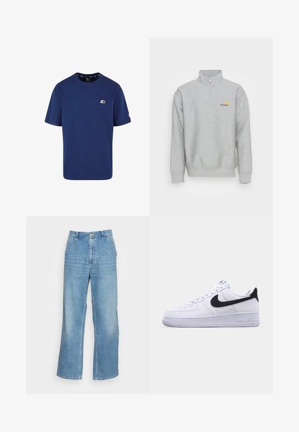 Carhartt WIP HALF ZIP AMERICAN SCRIPT - Sweater - grey heather; Marineblauwe t-shirt van katoen; korte mouwen; ronde hals; voorzien van een klein logo op de linkerborst en een accent op de mouw.; Lichtblauwe wijde jeans gemaakt van denim. Heeft een hoge taille, knoopsluiting en een standaard vijf-pocket ontwerp. Gladde textuur.; Witte leren sneaker met een gestructureerde zwarte Swoosh, platte veters en een rubberen zool met een geribbeld patroon. "AIR" is in de hak geperst.