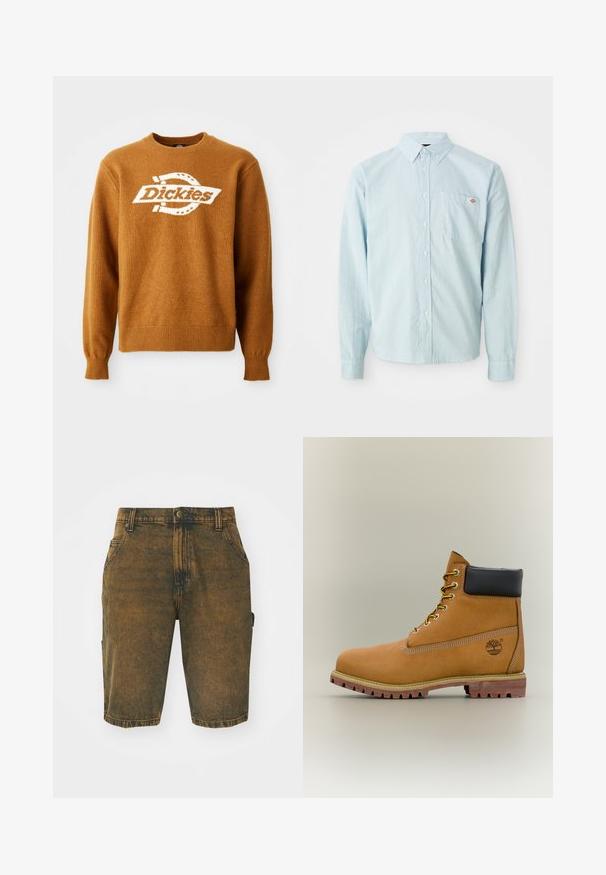 Suéter de punto marrón con un logo blanco de "Dickies" en la parte frontal. Cuello redondo clásico y puños y dobladillo acanalados. Textura suave.; Camisa de botón de manga larga en azul claro con cuello abotonado y bolsillo en el pecho, que presenta un pequeño parche de logo en rojo y blanco.; Pantalones cortos de mezclilla en un color marrón desgastado con una textura ligeramente desgastada. Cuenta con trabillas para el cinturón, bolsillos frontales y un bolsillo tipo cargo en el lateral.; Bota de tobillo de cuero marrón con cuello negro, cordones amarillos y suela beige. Presenta un logotipo y detalles de costura blanca. Suela exterior con tracción robusta.