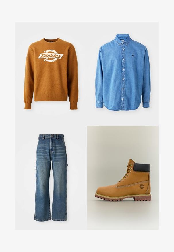 Hnedý pletený sveter s bielym logom "Dickies" na prednej strane. Klasický okrúhly výstrih a rebrované manžety a spodný lem. Mäkká štruktúra.; Džínová košeľa na gombíky, svetlomodrej farby, s pologr Lindkolom, dlhými rukávmi a malým logom na hrudi. Obsahuje biele gombíky a prešité švy.; Džínsy v širokom strihu z denimového materiálu svetlo modrej farby s vyblednutým povrchom, s vysokým pásom, pútkami na opasok a bočnými vreckami. Viditeľné detaily šitia.; Hnedá kožená členková členková obuv s čiernym golierom, žltými šnúrkami a béžovou podrážkou. Má logo a biele prešívanie. Hrubá podrážka s dobrým záberom.