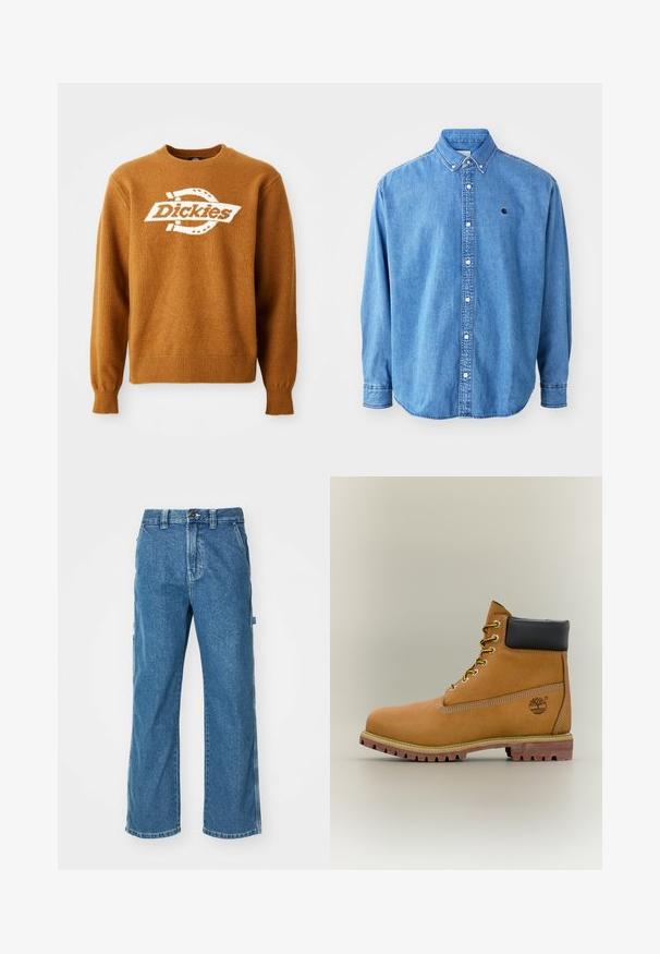 Suéter de punto marrón con un logo blanco de "Dickies" en la parte frontal. Cuello redondo clásico y puños y dobladillo acanalados. Textura suave.; Camisa de denim abotonada, de color azul claro, con cuello de punta, mangas largas y un pequeño logotipo en el pecho. Cuenta con botones blancos y costuras cosidas.; Pantalones cargo de mezclilla azul con un corte relajado, que cuentan con bolsillos laterales, cremallera en la bragueta y costuras de contraste en las costuras.; Bota de tobillo de cuero marrón con cuello negro, cordones amarillos y suela beige. Presenta un logotipo y detalles de costura blanca. Suela exterior con tracción robusta.