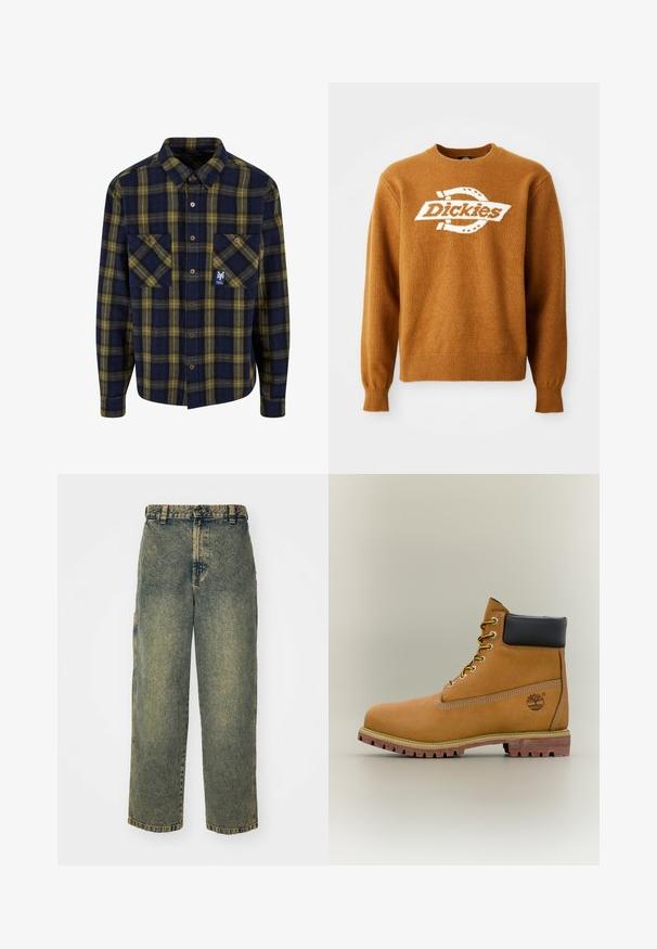 Καφέ πλεκτό πουλόβερ με λευκό λογότυπο "Dickies" μπροστά. Κλασική στρογγυλή λαιμόκοψη και ριμπ μανίκια και στρίφωμα. Μαλακή υφή.; Καρό πουκάμισο από φανέλα σε ναυτικό μπλε και κίτρινο, με δύο μπροστινές τσέπες, κουμπί μπροστά και ένα μικρό λογότυπο στην αριστερή τσέπη. Μαλακή υφή.; Χαλαρές τζιν παντελόνες σε ξεθωριασμένο μπλε και πράσινο χρώμα. Διαθέτουν κλείσιμο με κουμπί, θηλιές ζώνης και πλαϊνές τσέπες. Σχεδίαση με επίπεδο μπροστινό μέρος και ίσια πόδια.; Καφέ δερμάτινο μποτάκι αστραγάλου με μαύρο γιακά, κίτρινα κορδόνια και ταμπά σόλα. Διαθέτει λογότυπο και λευκή ραφή για λεπτομέρεια. Ανθεκτική εξωτερική σόλα με τραχύ πέλμα.