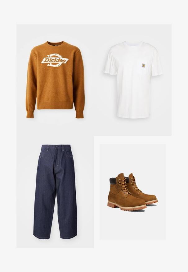 Bruine gebreide trui met een wit 'Dickies' logo op de voorkant. Klassieke ronde hals en geribbelde manchetten en onderrand. Zachte textuur.; Witte katoenen t-shirt met korte mouwen, een borstzak en een klein vierkant logo-opdruk in oranje en wit op de zak.; Donkerblauwe denim jeans met een losse, wijde pasvorm. Kenmerken zijn een knoopsluiting, steekzakken aan de voorkant en zichtbare stiksels.; Bruine suède enkellaarsjes met een gevoerde zwarte kraag, gouden oogjes en een dikke rubberen zool met een profielpatroon voor grip.
