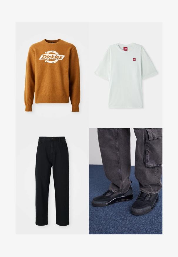 Hnedý pletený sveter s bielym logom "Dickies" na prednej strane. Klasický okrúhly výstrih a rebrované manžety a spodný lem. Mäkká štruktúra.; Svetlozelené tričko s krátkymi rukávmi vyrobené z mäkkého bavlneného materiálu, so malou červenou logovou nášivkou na ľavej strane hrude. Vo voľnom strihu a s okrúhlym výstrihom.; Čierne denimové nohavice so strihom rovných nohavíc. Majú klasický dizajn s piatimi vreckami, gombíkovým zapínaním a jemnou textúrou látky.; Čierne športové topánky s textúrovaným povrchom, hladkými akcentmi a masívnou podrážkou, skombinované so šedými, voľnými cargo nohavicami.