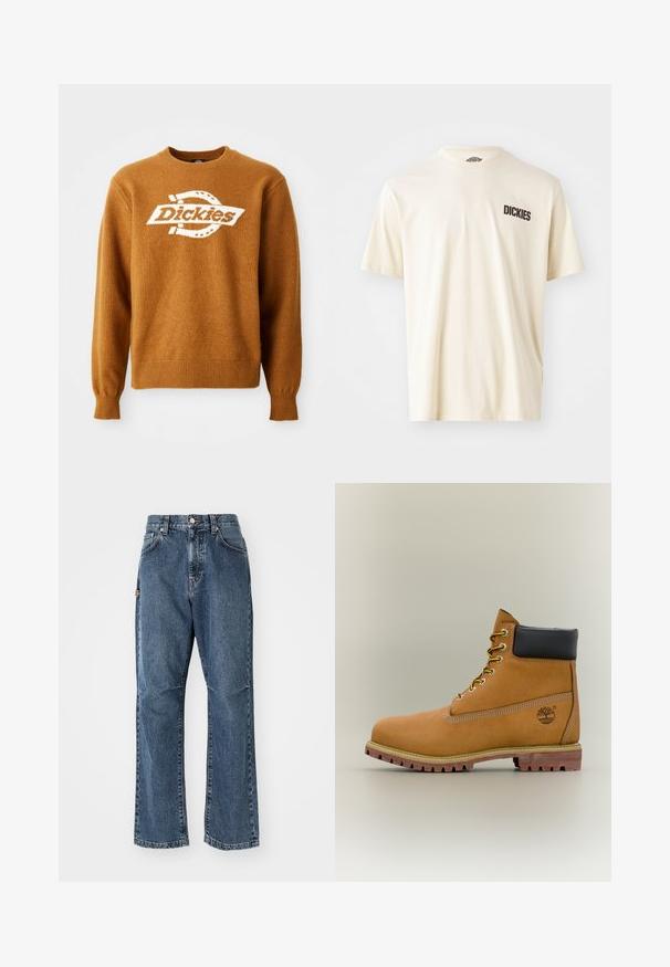 Bruine gebreide trui met een wit 'Dickies' logo op de voorkant. Klassieke ronde hals en geribbelde manchetten en onderrand. Zachte textuur.; Lichtbeige katoenen t-shirt met korte mouwen en een ronde hals. Heeft een donkerbruine logo tekst "DICKIES" op de linker borstopper.; Blauwe denimspijkerbroek met een hoge taille, recht model en zijzakken. Kenmerkt zich door contrasterende stiksel en een knoopsluiting.; Bruine leren enkellaars met zwarte kraag, gele veters en een zandkleurige zool. Voorzien van een logo en witte stikseldetails. Robuuste loopzool met grip.