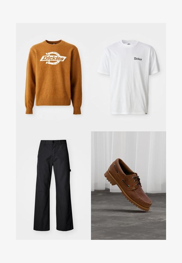 Pull en tricot marron avec un logo "Dickies" blanc sur le devant. Encolure ras du cou classique et poignets et ourlet côtes. Texture douce.; T-shirt en coton blanc à manches courtes et col rond. Présente un logo noir "Dickies" imprimé sur la zone de la poitrine gauche.; Pantalons larges noirs en tissu durable. Fermeture à bouton et poches latérales. Texture lisse avec un design épuré.; Chaussure de bateau en cuir marron avec des lacets noirs, des coutures beiges et une semelle robuste, suspendue au-dessus d'un sol en béton gris.