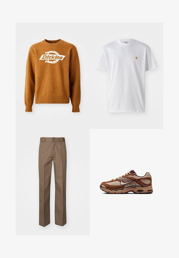 Καφέ πλεκτό πουλόβερ με λευκό λογότυπο "Dickies" μπροστά. Κλασική στρογγυλή λαιμόκοψη και ριμπ μανίκια και στρίφωμα. Μαλακή υφή.; Λευκό βαμβακερό T-shirt με κοντά μανίκια, κλασική λαιμόκοψη, που διαθέτει ένα μικρό χρυσό λογότυπο στην αριστερή περιοχή του στήθους. Μαλακή υφή και κανονική εφαρμογή.; Καφέ παντελόνι με επίπεδη σχεδίαση μπροστά, ίσια πόδια και κλασική ζώνη μέσης. Κατασκευασμένο από ανθεκτικό ύφασμα, χωρίς ορατά σχέδια ή διακοσμητικά στοιχεία.; Καφέ και μπεζ αθλητικό παπούτσι Nike για τρέξιμο με πάνελ από δίχτυ και σουέντ, σχέδιο με κορδόνια και ορατή αερόσολα στη σόλα.