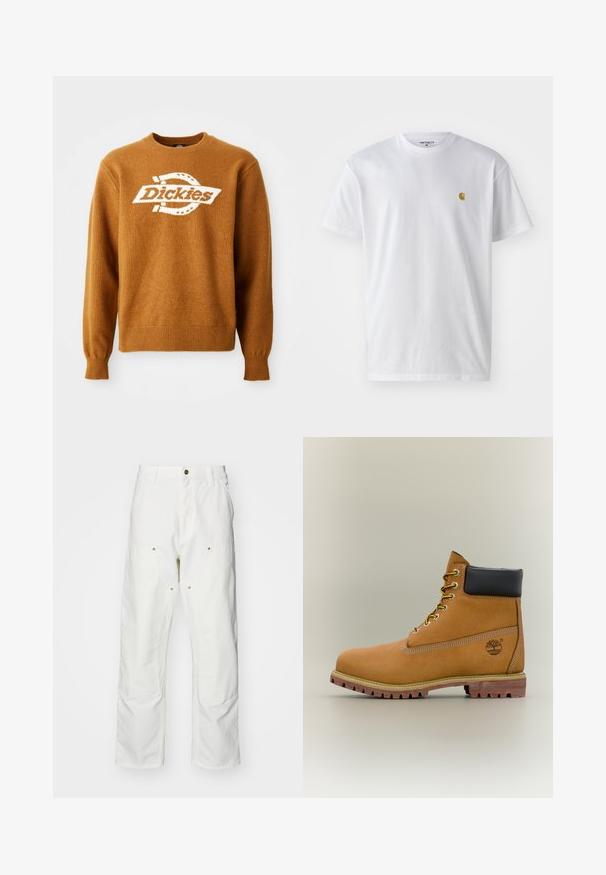 Rudas megztinis su baltu "Dickies" logotipu priekyje. Klasikinis apvalus kaklas ir raukšlėti rankogaliai bei apačia. Minkšta tekstūra.; Balta medvilnės marškinėliai su trumpomis rankovėmis, apvalia iškirpte, kuriuose kairėje krūtinės pusėje yra mažas auksinis logotipas. Minkšta tekstūra ir reguliari forma.; Balti medvilniniai kargo džinsai su laisvu siluetu. Ypatybės apima priekines kišenes, auksinius apdailos elementus ir sustiprintas kelio dalis.; Rudas odinis kulkšnies aulinukas su juodu apykakle, geltonomis raištelėmis ir šviesiai ruda padų spalva. Yra logotipas ir balto siuvimo detalė. Turi tvirtą protektoriaus pado struktūrą.