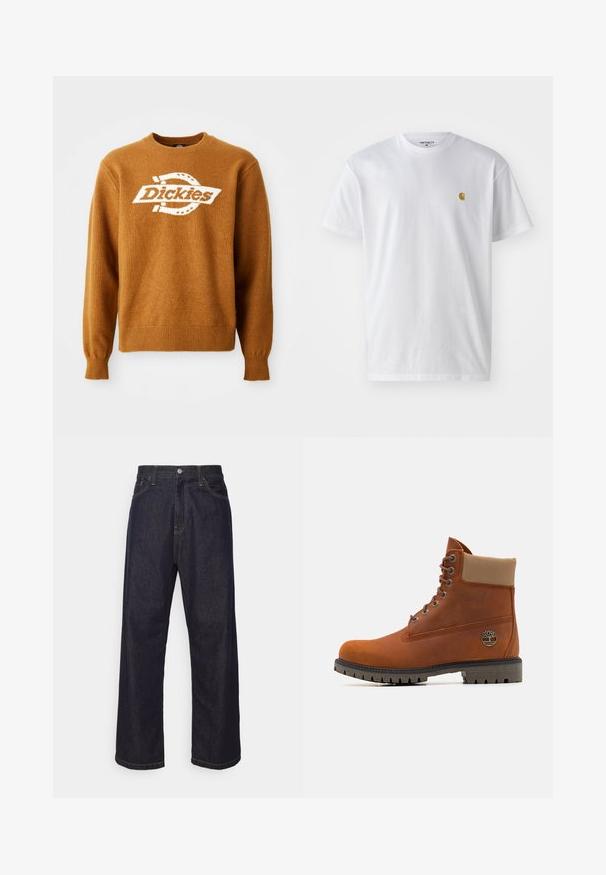 Brun strikket sweater med et hvidt "Dickies" logo på fronten. Klassisk rund halsudskæring og ribbede manchetter og kant. Blød tekstur.; Hvid bomulds t-shirt med korte ærmer, rund hals og et lille guld logo på venstre brystområde. Blød tekstur og almindelig pasform.; Mørkeblå lige ben denim jeans med gul syning, frontknap, lynlås og fem-lommer design.; Timberland Snørestøvletter - medium orange