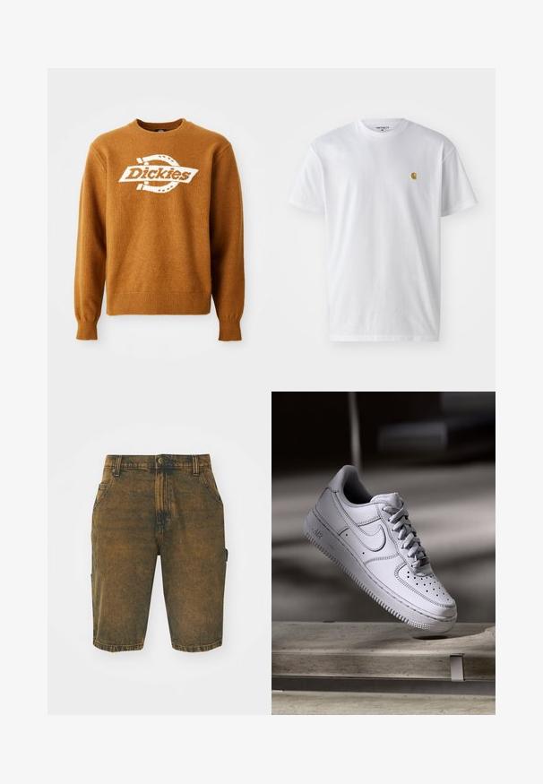 Hnedý pletený sveter s bielym logom "Dickies" na prednej strane. Klasický okrúhly výstrih a rebrované manžety a spodný lem. Mäkká štruktúra.; Biele bavlnené tričko s krátkymi rukávmi, okrúhlym výstrihom, s malým zlatým logom na ľavej strane hrude. Mäkká textúra a normálny strih.; Džínové šortky vo vyblednutej hnedej farbe s jemne opotrebovanou textúrou. Obsahujú pútka na opasok, predné vrecká a bočné vrecko na cargo.; Biely kožený teniska Nike Air Force 1 má perforovanú špičku, ploché šnúrky a štruktúrovanú gumovú podrážku s nápisom „AIR“ na boku.