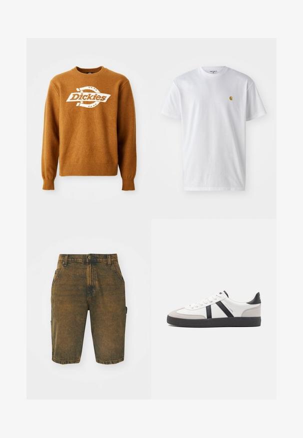 Καφέ πλεκτό πουλόβερ με λευκό λογότυπο "Dickies" μπροστά. Κλασική στρογγυλή λαιμόκοψη και ριμπ μανίκια και στρίφωμα. Μαλακή υφή.; Λευκό βαμβακερό T-shirt με κοντά μανίκια, κλασική λαιμόκοψη, που διαθέτει ένα μικρό χρυσό λογότυπο στην αριστερή περιοχή του στήθους. Μαλακή υφή και κανονική εφαρμογή.; Τζιν σορτσάκια σε ξεθωριασμένο καφέ χρώμα με ελαφρώς φθαρμένη υφή. Διαθέτουν θηλάκια για ζώνη, μπροστινές τσέπες και μία πλευρική τσέπη cargo.; Λευκό αθλητικό παπούτσι με μαύρες και γκρί λεπτομέρειες, featuring ένα υφή γκρί καλύμμα δαχτύλου, μαύρη καουτσούκ σόλα και επίπεδες λευκές κορδόνες. Καθαρός σχεδιασμός, μινιμαλιστικό στυλ.