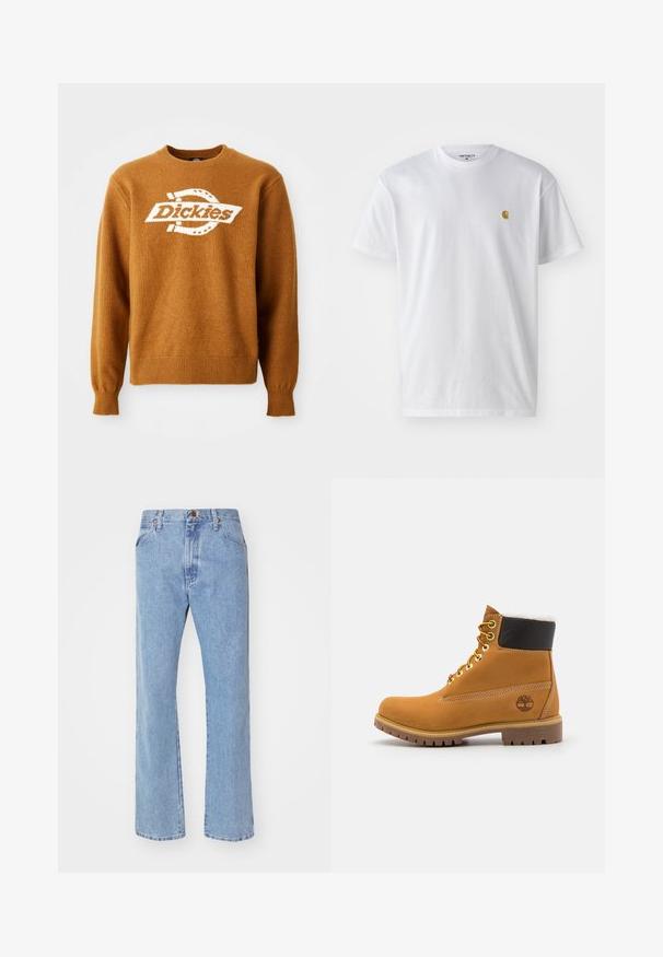 Hnedý pletený sveter s bielym logom "Dickies" na prednej strane. Klasický okrúhly výstrih a rebrované manžety a spodný lem. Mäkká štruktúra.; Biele bavlnené tričko s krátkymi rukávmi, okrúhlym výstrihom, s malým zlatým logom na ľavej strane hrude. Mäkká textúra a normálny strih.; Svetlomodré rifle s rovnými nohavicami, so zapínaním na gombík a zips vpredu, s pútkami na opasok a štandardnými prednými vreckami.; Hnedé kožené ankle boot s kovovými očkami, bielym kožúškom vo vnútri, čiernym vypolstrovaným golierom, robustnou podrážkou a vyrazeným logom na boku.