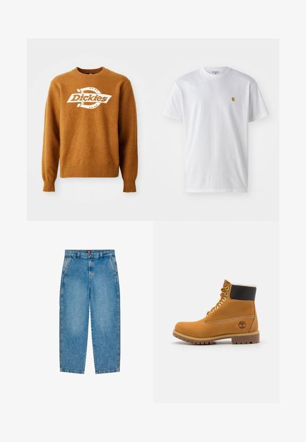 Brun strikket sweater med et hvidt "Dickies" logo på fronten. Klassisk rund halsudskæring og ribbede manchetter og kant. Blød tekstur.; Hvid bomulds t-shirt med korte ærmer, rund hals og et lille guld logo på venstre brystområde. Blød tekstur og almindelig pasform.; Lyseblå denim jeans med lige ben design. Har forlommer, lynlås og kontrastsyninger langs sømmene.; Brune læder ankelstøvle med metaløjer, hvid pelsforing, sort polstret krave, robust sål og præget logo på siden.