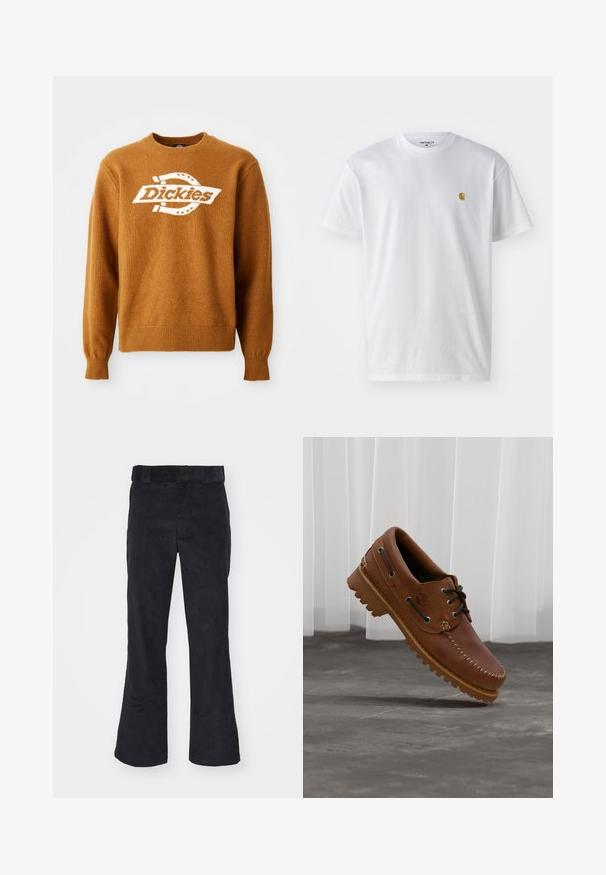 Brauner Strickpullover mit einem weißen "Dickies"-Logo auf der Vorderseite. Klassischer Rundhalsausschnitt und gerippte Bündchen sowie Saum. Weiche Textur.; Weißes Baumwoll-T-Shirt mit kurzen Ärmeln, Rundhalsausschnitt, mit einem kleinen goldenen Logo im linken Brustbereich. Weicher Stoff und normale Passform.; Schwarze Cordhosen mit lockerer Passform, klassischem Bund und weit geschnittenen Beinen, weicher Textur und ohne sichtbare Muster oder Akzente.; Brauner Leder-Bootsschuh mit schwarzen Schnürsenkeln, beigen Nähten und einer robusten Sohle, schwebt über einem grauen Betonboden.