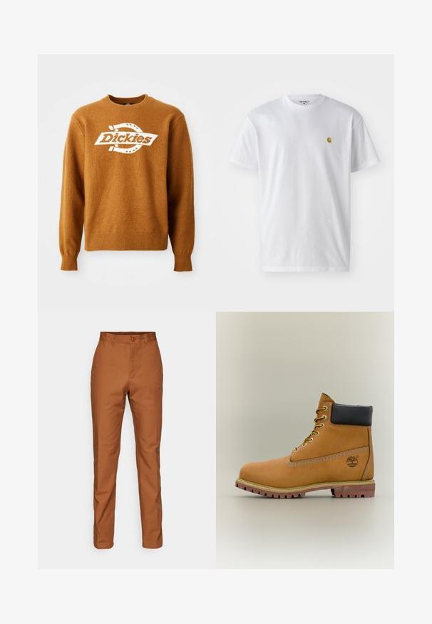 Hnedý pletený sveter s bielym logom "Dickies" na prednej strane. Klasický okrúhly výstrih a rebrované manžety a spodný lem. Mäkká štruktúra.; Biele bavlnené tričko s krátkymi rukávmi, okrúhlym výstrihom, s malým zlatým logom na ľavej strane hrude. Mäkká textúra a normálny strih.; Hnedé bavlnené nohavice s rovnými nohavicami, so zapínaním na gombík a bočnými vreckami. Hladká textura s jednotnou farbou po celom obvode.; Hnedá kožená členková členková obuv s čiernym golierom, žltými šnúrkami a béžovou podrážkou. Má logo a biele prešívanie. Hrubá podrážka s dobrým záberom.