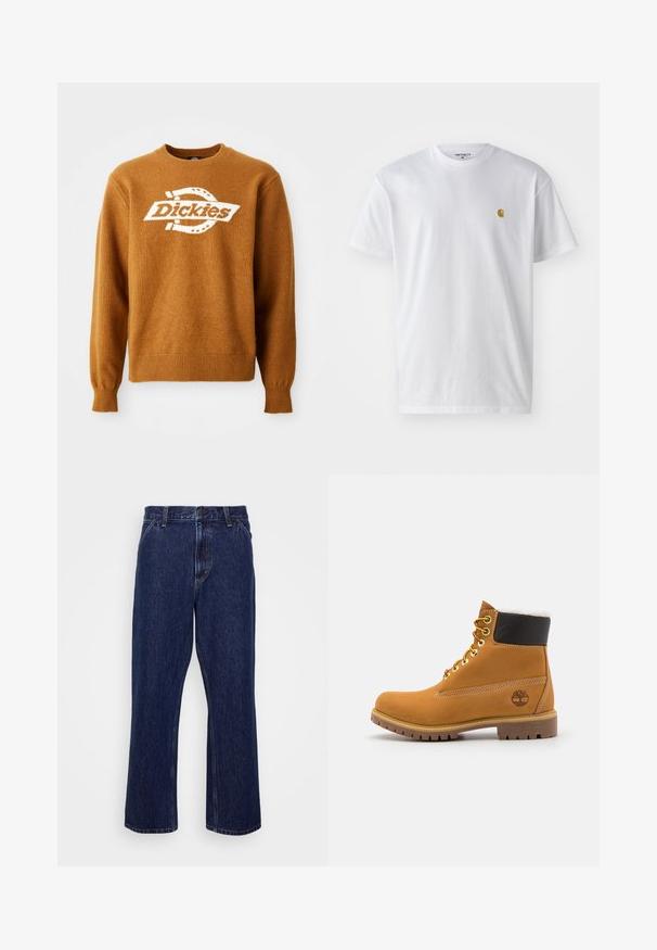 Hnedý pletený sveter s bielym logom "Dickies" na prednej strane. Klasický okrúhly výstrih a rebrované manžety a spodný lem. Mäkká štruktúra.; Biele bavlnené tričko s krátkymi rukávmi, okrúhlym výstrihom, s malým zlatým logom na ľavej strane hrude. Mäkká textúra a normálny strih.; Tmavomodré denimové nohavice s rovnými nohavicami, s gombíkovým zapínaním, piatimi vreckami a jemnými detailmi prešitia.; Hnedé kožené ankle boot s kovovými očkami, bielym kožúškom vo vnútri, čiernym vypolstrovaným golierom, robustnou podrážkou a vyrazeným logom na boku.