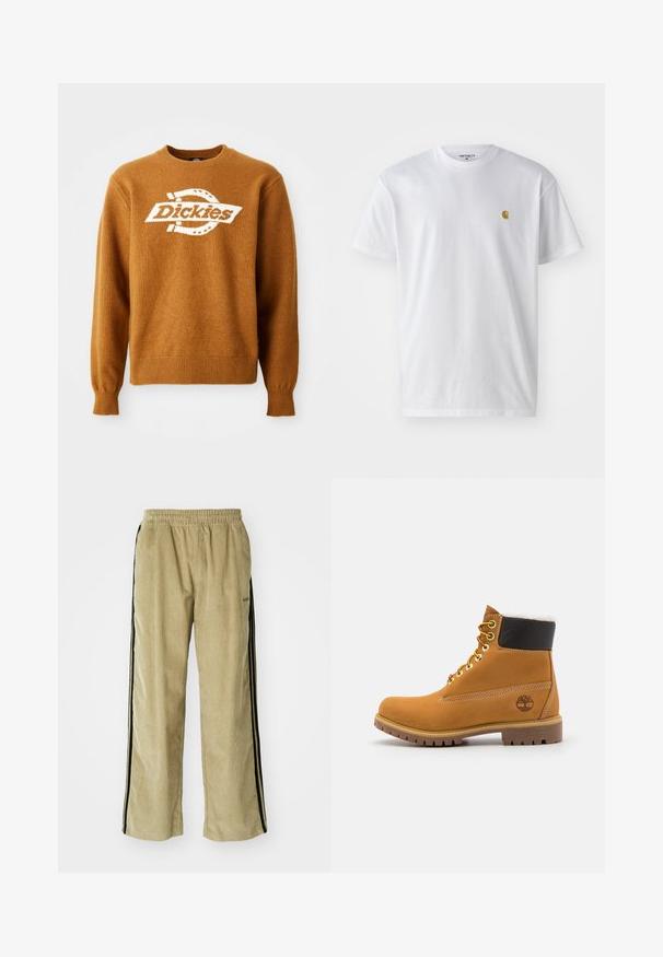 Pruunist kudumist valmistatud sviiter, mille esipinnal on valge "Dickies" logo. Klassikaline ümar kaelus ning soonikkoes varruka- ja hemmpäised. Pehme tekstuur.; Valge puuvillane t-särk lühikeste varrukatega, ümmargune kaelus, millel on väike kuldne logo vasakul rinnal. Pehme tekstuur ja regulaarne lõike.; Beige korduroy püksid elastse vöökohtaga, mustade külgtriipudega. Kanga pind on sooniline ja allosas kergelt laienev.; Pruun nahast pahkluu saabas metallist silmadega, valge karvane vooder, must pehmendatud krae, robustne tallal ja küljes reljeefne logo.