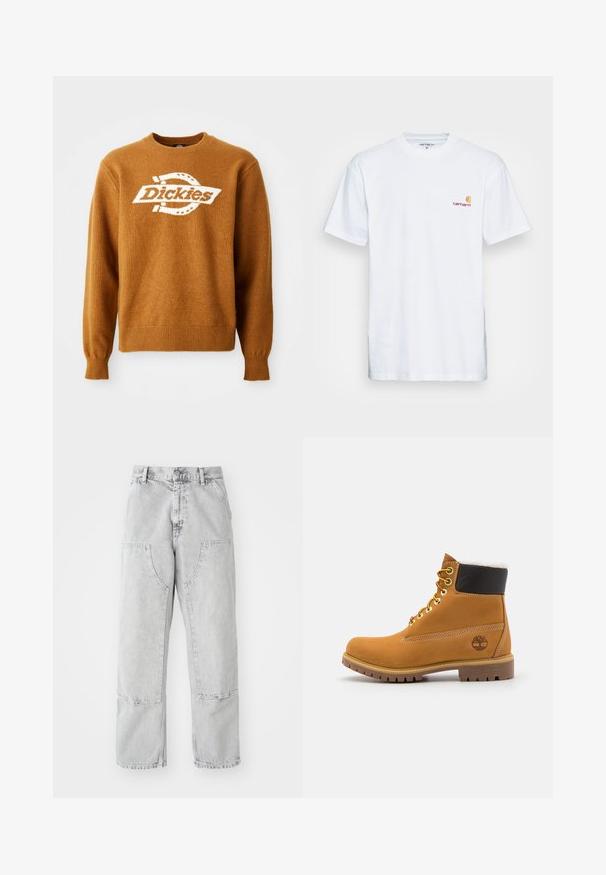 Hnedý pletený sveter s bielym logom "Dickies" na prednej strane. Klasický okrúhly výstrih a rebrované manžety a spodný lem. Mäkká štruktúra.; Biala bavlnená tričko s krátkymi rukávmi. Navrhnuté s malým oranžovým a vínovým logom na ľavej strane hrude. Obsahuje klasický crew neck.; Svetlosivé džínsy s voľným strihom, ktoré majú veľké bočné vrecká, viditeľné švy a rovný strih nohy. Pás s pútkami na opasok.; Hnedé kožené ankle boot s kovovými očkami, bielym kožúškom vo vnútri, čiernym vypolstrovaným golierom, robustnou podrážkou a vyrazeným logom na boku.