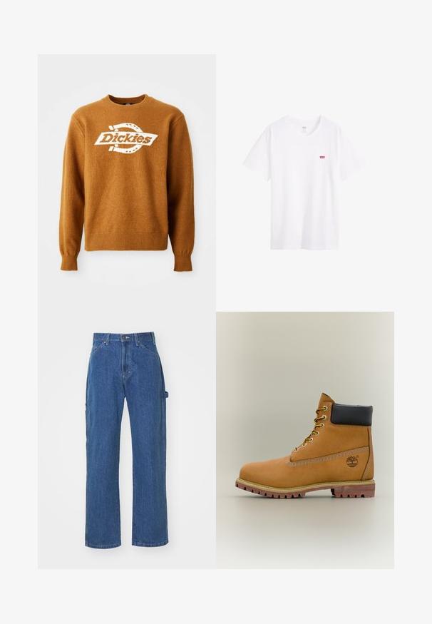 Brauner Strickpullover mit einem weißen "Dickies"-Logo auf der Vorderseite. Klassischer Rundhalsausschnitt und gerippte Bündchen sowie Saum. Weiche Textur.; Weißes Baumwoll-T-Shirt mit Rundhalsausschnitt, kurzen Ärmeln und einem kleinen roten Levi's-Logo auf der linken Brust. Glatte Textur, normale Passform.; Blaue Denim-Jeans in einer lässigen Passform mit geradem Bein, ausgestattet mit Vorder- und Hintertaschen sowie einem Knopfverschluss an der Taille.; Brauner Leder-Stiefelette mit schwarzem Kragen, gelben Schnürsenkeln und hellbrauner Sohle. Verfügt über ein Logo und weiße Ziernähe. Robuste Profilsohle.