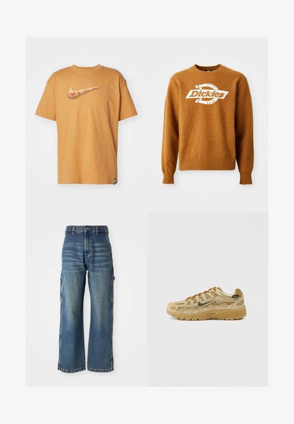 Suéter de punto marrón con un logo blanco de "Dickies" en la parte frontal. Cuello redondo clásico y puños y dobladillo acanalados. Textura suave.; Nike Sportswear TEE - Camiseta estampada - flax; Jeans de corte amplio en denim de color azul claro con un acabado desgastado, que presentan una cintura alta, trabillas para cinturón y bolsillos laterales. Detalles de costura visibles.; Zapatilla deportiva beige con paneles texturizados de ante y malla, cordones marrones contrastantes y suela de goma resistente. Presenta un logo prominente.