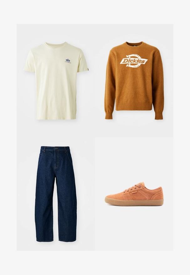 Καφέ πλεκτό πουλόβερ με λευκό λογότυπο "Dickies" μπροστά. Κλασική στρογγυλή λαιμόκοψη και ριμπ μανίκια και στρίφωμα. Μαλακή υφή.; Μπεζ κοντομάνικο T-shirt με στρογγυλή λαιμόκοψη και μικρό μπλε λογότυπο Alpha Industries στην αριστερή πάνω πλευρά του στήθους.; Φαρδιά σκούρα τζιν παντελόνια με ψηλή μέση, διαθέτουν πέντε τσέπες, κλείσιμο με κουμπί μπροστά και ορατές λεπτομέρειες ραφής.; Μπεζ σουέτ αθλητικά παπούτσια με υφή, στρογγυλή μύτη και καουτσούκ σόλα. Διαθέτει σχέδιο με κορδόνια και ραφές στα πλάγια.