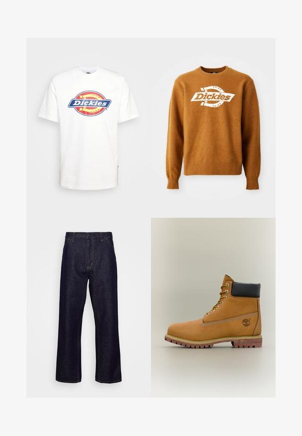 Pull en tricot marron avec un logo "Dickies" blanc sur le devant. Encolure ras du cou classique et poignets et ourlet côtes. Texture douce.; T-shirt en coton blanc avec un logo circulaire "Dickies" bleu et rouge au centre. Manches courtes et col ras du cou.; Jean en denim droit bleu foncé avec poches avant, passants de ceinture, braguette zippée et fermeture à bouton, présenté sur un fond blanc uni.; Bottine en cuir marron avec col noir, lacets jaunes et semelle beige. Présente un logo et des détails de couture blanche. Semelle extérieure à traction robuste.