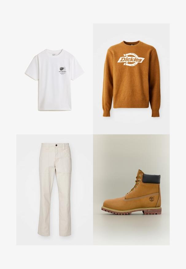 Brun strikket sweater med et hvidt "Dickies" logo på fronten. Klassisk rund halsudskæring og ribbede manchetter og kant. Blød tekstur.; Hvid bomulds T-shirt med korte ærmer, der har et sort grafisk print på venstre side, som inkluderer Vans-logoet og tekstdetaljer.; Beige bomuldsbukser med lige ben-design, der har to frontlommer, en enkelt knaplukning og synlige stikninger.; Brun læderankelstøvle med sort krave, gule snørebånd og tanfarvet sål. Har logo og hvide syninger som detalje. Robust ydersål med greb.
