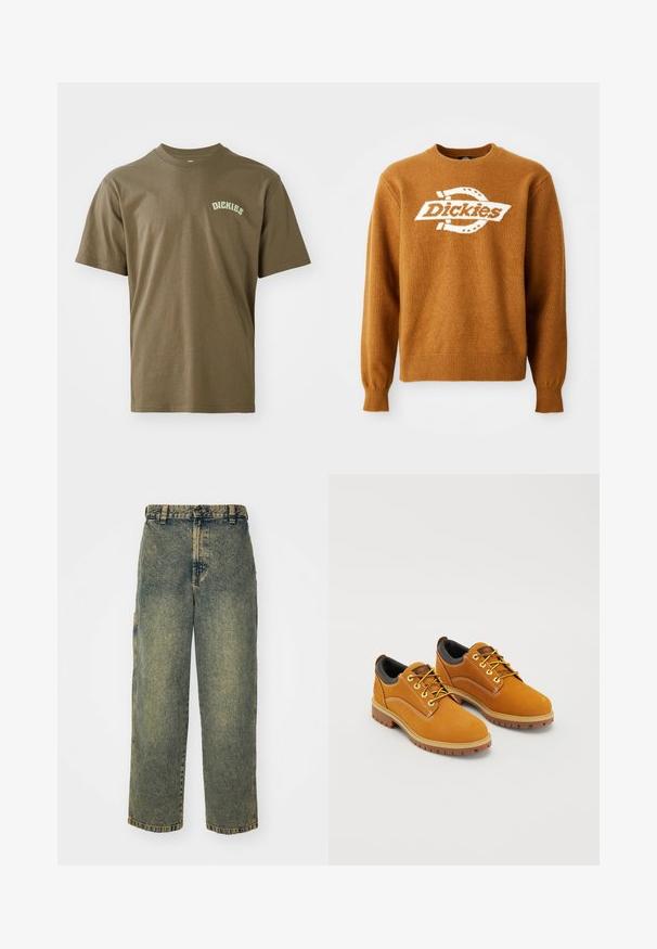 Brauner Strickpullover mit einem weißen "Dickies"-Logo auf der Vorderseite. Klassischer Rundhalsausschnitt und gerippte Bündchen sowie Saum. Weiche Textur.; Olivgrünes Baumwoll-T-Shirt mit kurzen Ärmeln, Rundkragen und einem kleinen weißen "Dickies"-Logo auf der linken Brust. Glatte Textur.; Baggy-Jeans aus Denim in einer verblassten Blauen und Grünen Waschung. Mit Knopfverschluss, Gürtelschlaufen und Seitentaschen. Flaches Vorderteil und gerades Bein-Design.; Braune Wildlederschuhe mit einer runden Zehenpartie, gelben Schnürsenkeln, einem gepolsterten schwarzen Kragen und Gummisohlen mit Rillen für besseren Halt.
