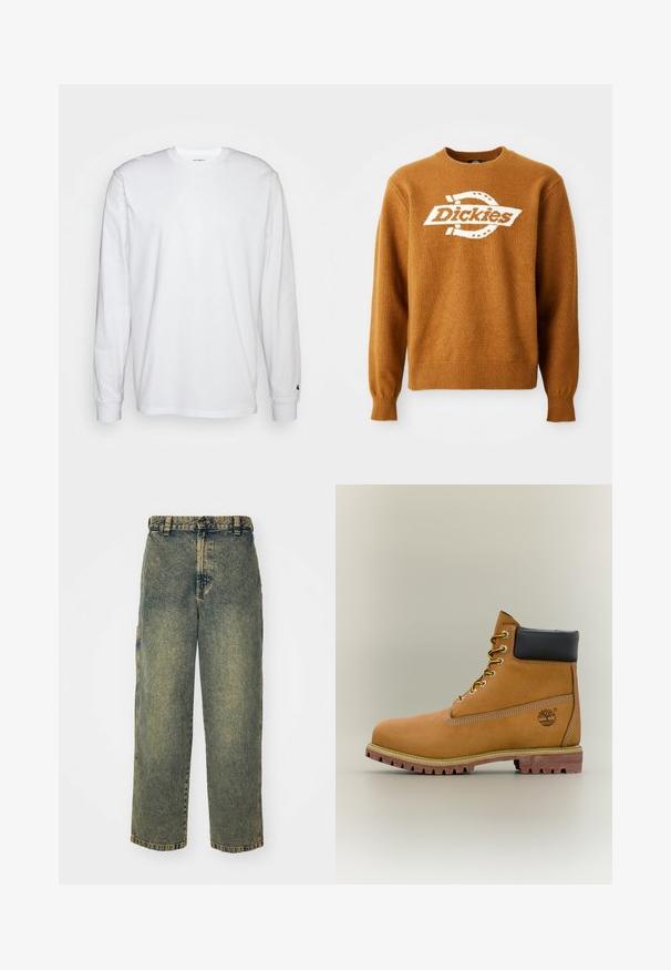 Καφέ πλεκτό πουλόβερ με λευκό λογότυπο "Dickies" μπροστά. Κλασική στρογγυλή λαιμόκοψη και ριμπ μανίκια και στρίφωμα. Μαλακή υφή.; Λευκό μπλουζάκι με μακριά μανίκια από βαμβάκι. Σχέδιο crew neck με ριμπ μανίκια και μικρό λογότυπο στο αριστερό μανίκι. Λείος υφάνσεις.; Χαλαρές τζιν παντελόνες σε ξεθωριασμένο μπλε και πράσινο χρώμα. Διαθέτουν κλείσιμο με κουμπί, θηλιές ζώνης και πλαϊνές τσέπες. Σχεδίαση με επίπεδο μπροστινό μέρος και ίσια πόδια.; Καφέ δερμάτινο μποτάκι αστραγάλου με μαύρο γιακά, κίτρινα κορδόνια και ταμπά σόλα. Διαθέτει λογότυπο και λευκή ραφή για λεπτομέρεια. Ανθεκτική εξωτερική σόλα με τραχύ πέλμα.