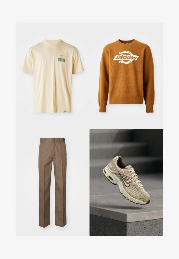 Hnedý pletený sveter s bielym logom "Dickies" na prednej strane. Klasický okrúhly výstrih a rebrované manžety a spodný lem. Mäkká štruktúra.; Krémové bavlnené tričko s okružným výstrihom, krátkymi rukávmi a grafickou potlačou na ľavej hrudi zobrazujúcou vintage televíziu.; Hnedé nohavice s rovnou prednou časťou, priame nohy a klasický pás. Vyrobené z odolnej látky, bez viditeľných vzorov alebo ozdôb.; Béžovo-biele bežecké topánky Nike s mesh panelmi a čiernym logo Swoosh, vznášajúce sa nad betónovým obrubníkom s rozmazanými schodmi v pozadí.